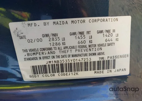 2000 Mazda Mx-5 Miata Ls/Special Edition z USA, uszkodzony, nr VIN JM1NB3535Y0147253